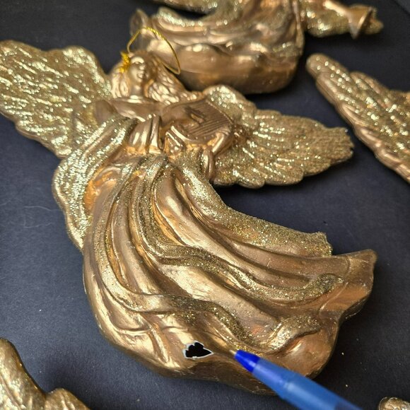 Set Of 5 Gold Angel Ornaments Large Vintage Holiday Hanging Decorations Glitter - Picture 5 of 8